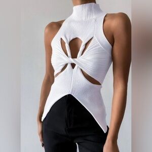 Commense Twist Cutout Mock Neck Rib Top